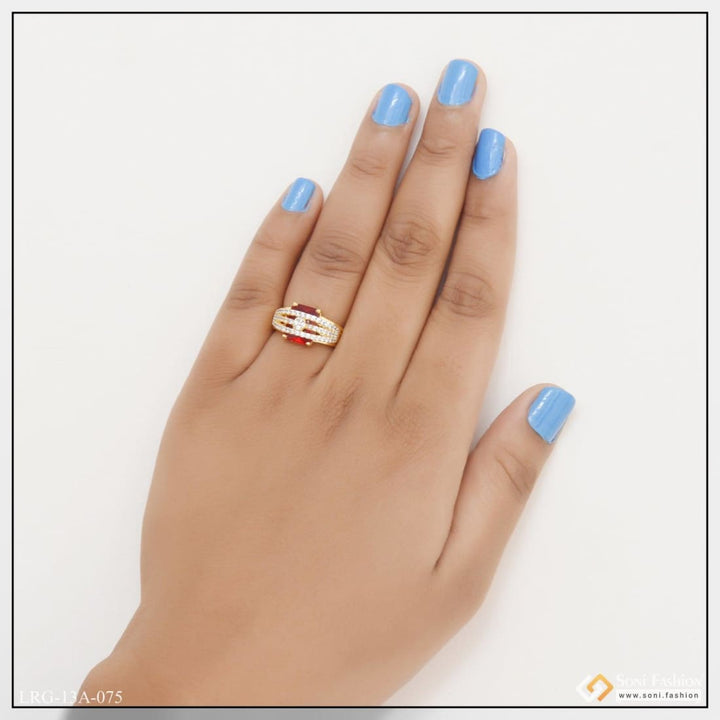 1 Gram Gold Plated Red Stone With Diamond Chic Design Ring