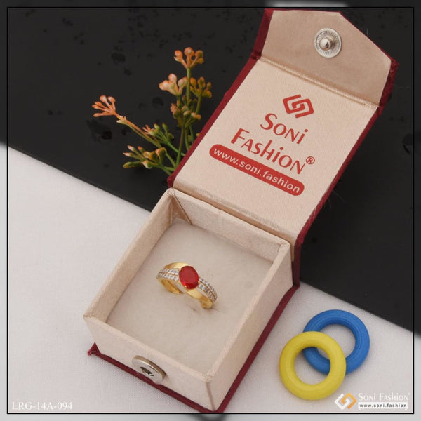 1 Gram Gold Plated Red Stone With Diamond Chic Design Ring