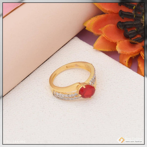 1 Gram Gold Plated Red Stone With Diamond Chic Design Ring