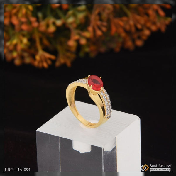 1 Gram Gold Plated Red Stone With Diamond Chic Design Ring