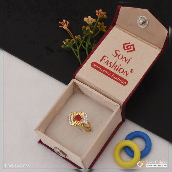 1 Gram Gold Plated Red Stone With Diamond Funky Design Ring