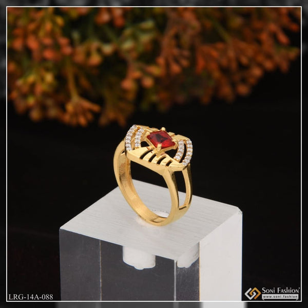 1 Gram Gold Plated Red Stone With Diamond Funky Design Ring