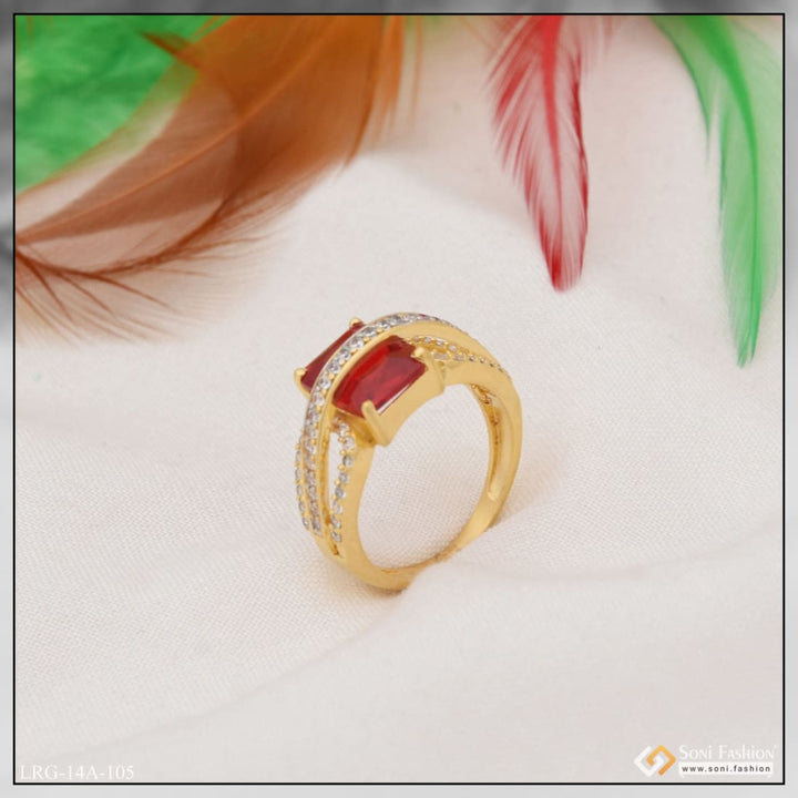 1 Gram Gold Plated Red Stone With Diamond New Style Ring