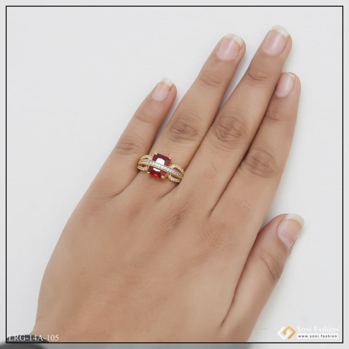 1 Gram Gold Plated Red Stone With Diamond New Style Ring