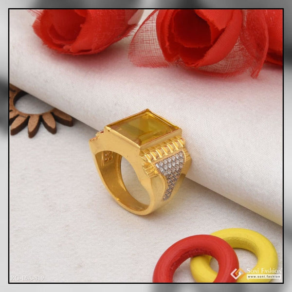 Gold plated men’s ring with yellow stone - 1 Gram Gold Plated Yellow Stone With Diamond Funky Design Ring - Style A819