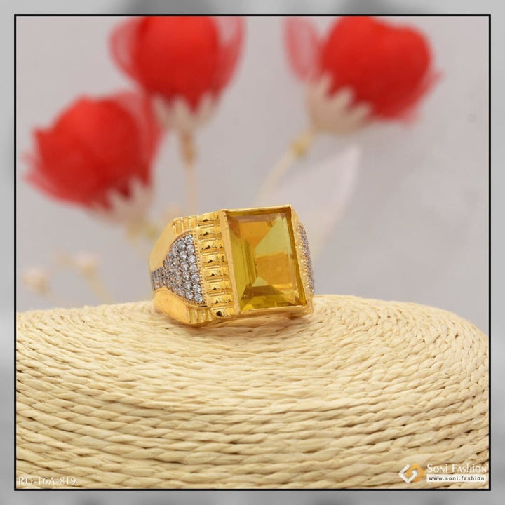 1 Gram Gold Plated Yellow Stone and Diamond Ring - Style A819