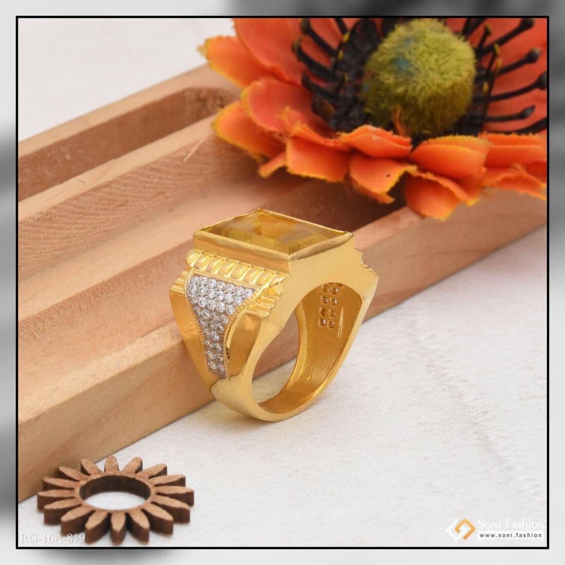 1 Gram Gold Plated Yellow Stone With Diamond Funky Design Ring For