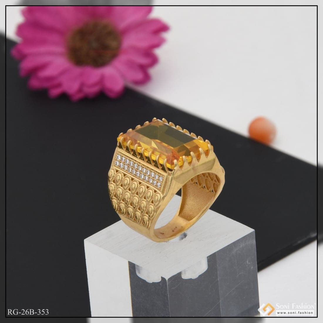 Spangel Fashion 18 ct. Gold Plated American Diamond Jewellery Ring for Men  : : Fashion