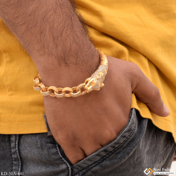 1 Gram Gold - Jaguar with Diamond Artisanal Design Gold Plated Bracelet Kada - Style A441