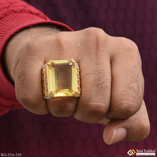 1 Gram Gold Forming Yellow Stone With Diamond Gold Plated Ring For Men - Style A210