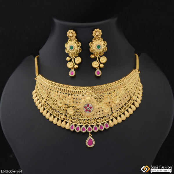 1 Gram Gold Plated Choker Necklace Set for Women - Style A964