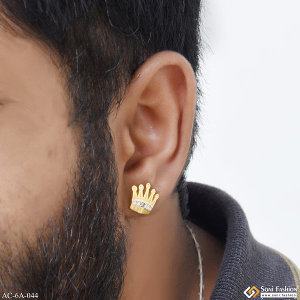 1 Gram Gold Plated Crown Design Stud Earring for Men (1 Pc) - Style A044