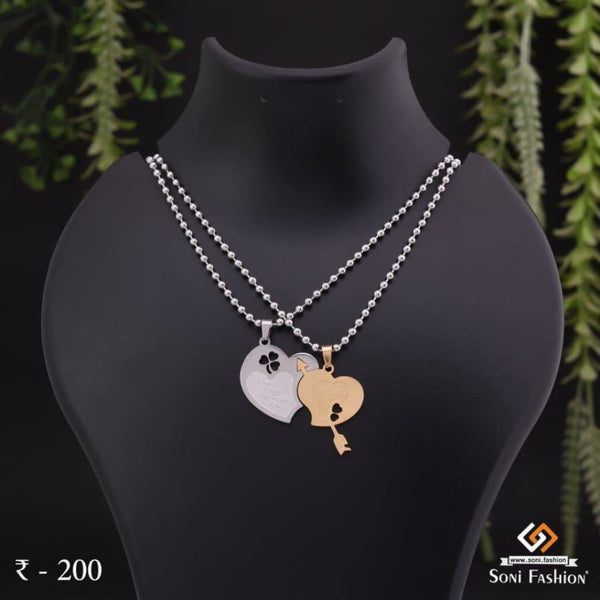 2 heart with arrow couple chain pendant set - stainless