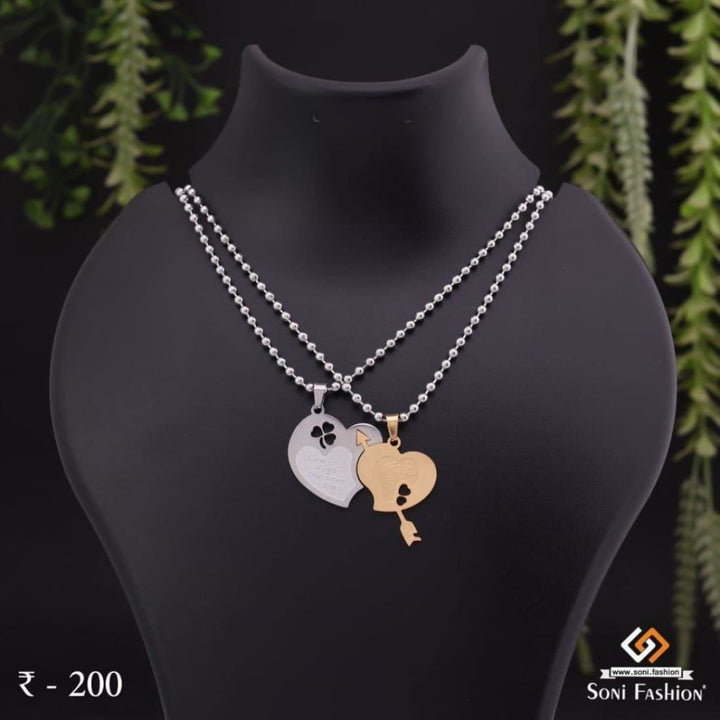 2 heart with arrow couple chain pendant set - stainless