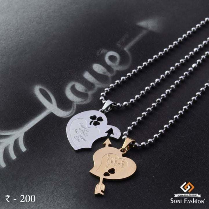 2 heart with arrow couple chain pendant set - stainless