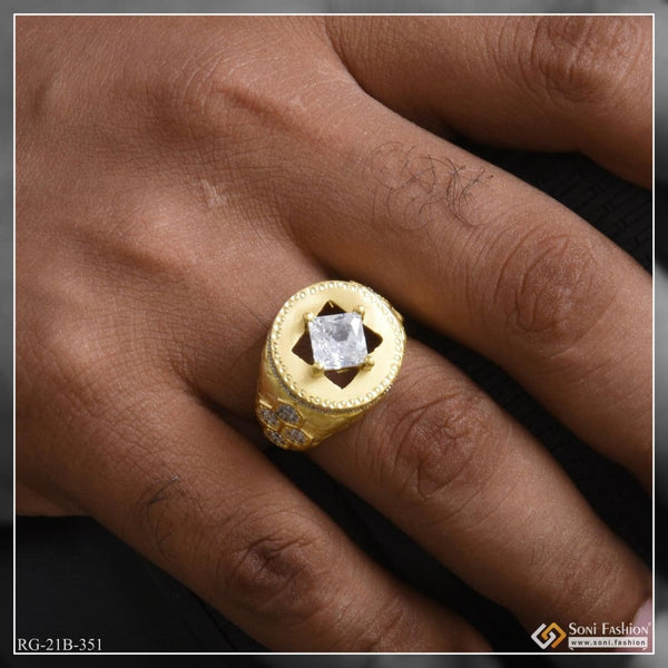 1 Gram Gold Plated White Stone With Diamond Antique Design Ring For Men - Style B351