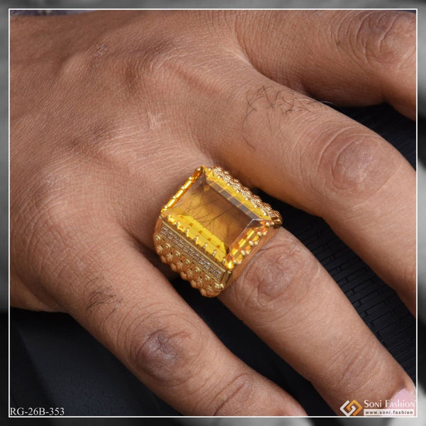 1 Gram Gold Plated Yelow Stone with Diamond Funky Design Ring for Men - Style B353