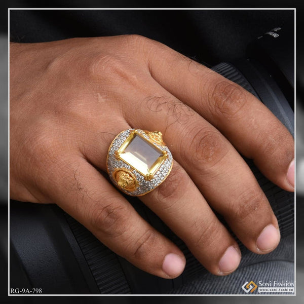 Yellow Stone With Diamond Glamorous Design Gold Plated Ring For Men - Style A798