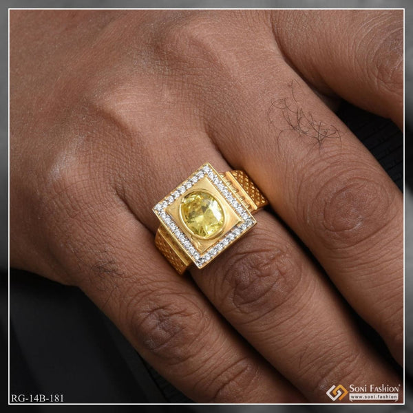 1 Gram Gold Plated Yellow Stone With Diamond Funky Design Ring For Men - Style B181