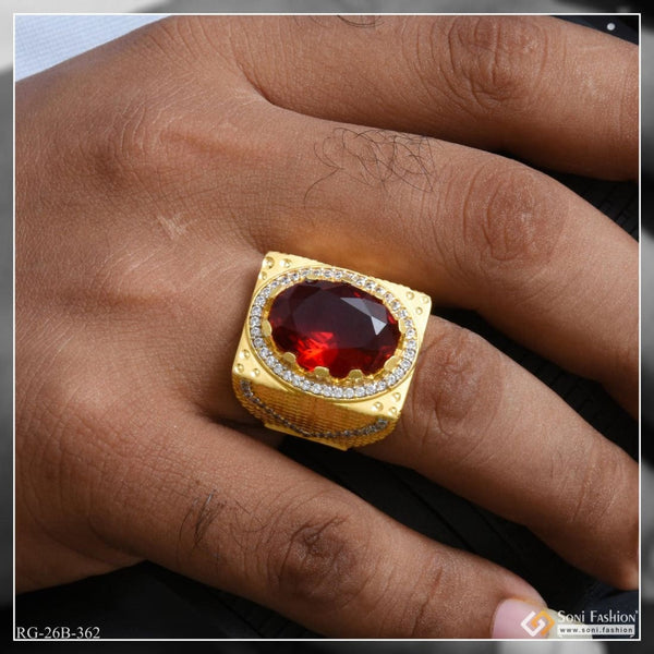 1 Gram Gold Plated Red Stone With Diamond Antique Design Ring For Men - Style B362