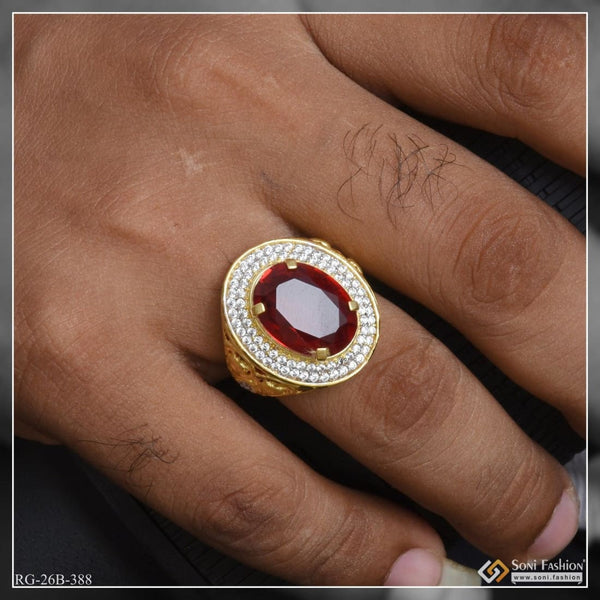 1 Gram Gold Plated Red Stone With Diamond Antique Design Ring For Men - Style B388