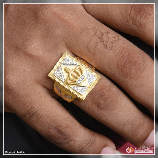 1 Gram Gold Plated Crown with Diamond Artisanal Design Ring for Men - Style B406