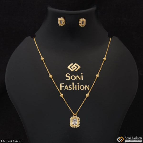 1 Gram Gold Plated White Stone Finely Detailed Necklace Set For Ladies - Style A406