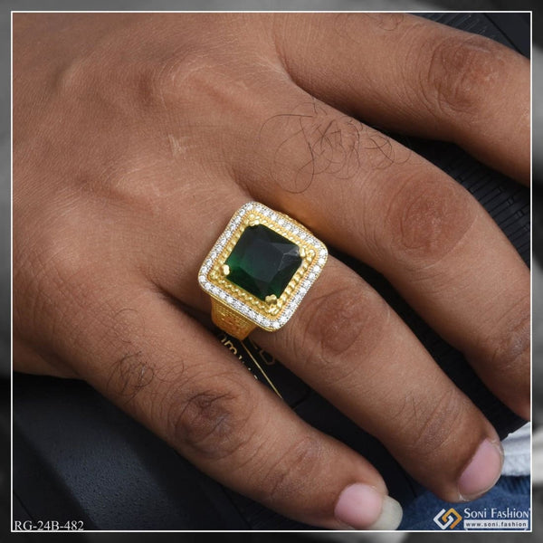 1 Gram Gold Plated Green Stone With Diamond Funky Design Ring For Men - Style B482