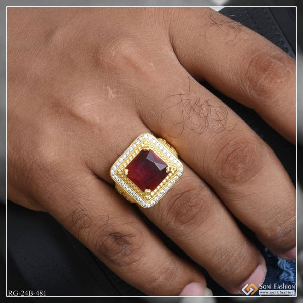 1 Gram Gold Plated Red Stone with Diamond Amazing Design Ring for Men - Style B481