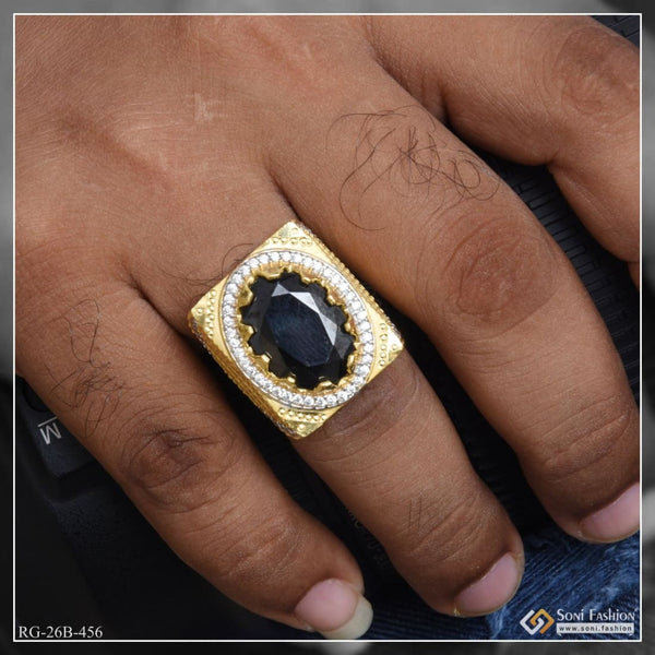 1 Gram Gold Plated Black Stone with Diamond Funky Design Ring for Men - Style B456