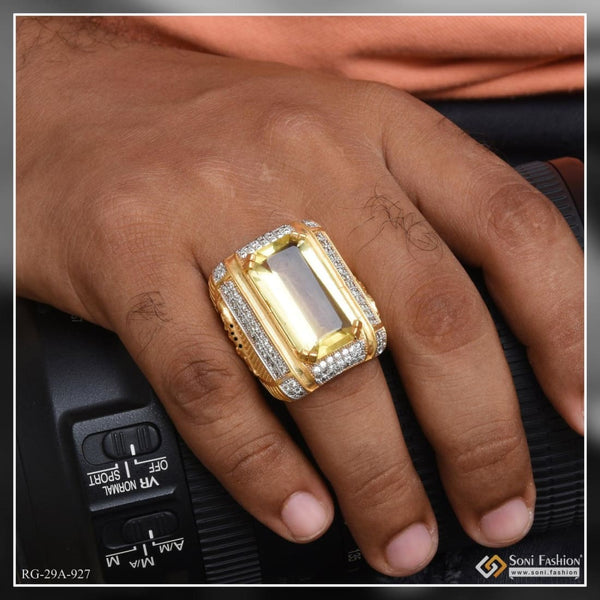 1 Gram Gold Plated Yellow Stone with Diamond Artisanal Design Ring - Style A927