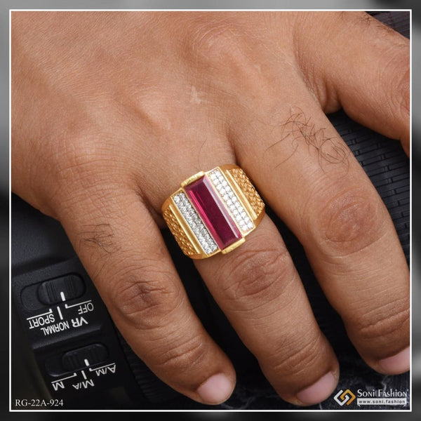 1 Gram Gold Plated Pink Stone With Diamond Glittering Design Ring - Style A924