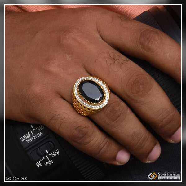 1 Gram Gold Plated  Black Stone With Diamond Best Quality Ring - Style A968