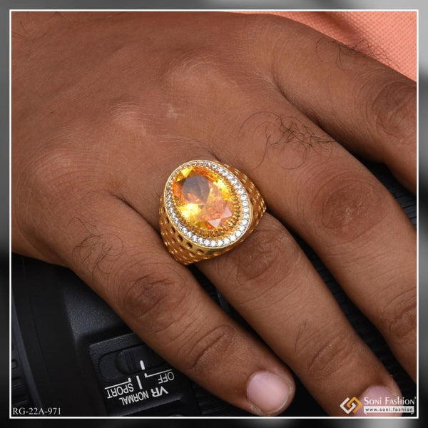 1 Gram Gold Plated Yellow Stone with Diamond Glamorous Design Ring - Style A971