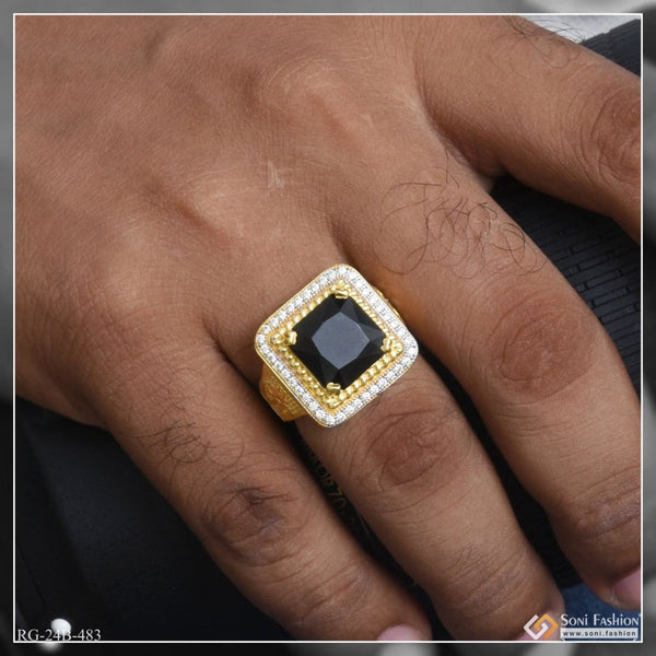 1 Gram Gold Plated Black Stone with Diamond Latest Design Ring for Men - Style B483