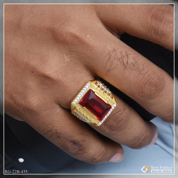 1 Gram Gold Plated Red Stone with Diamond Antique Design Ring for Men - Style B435