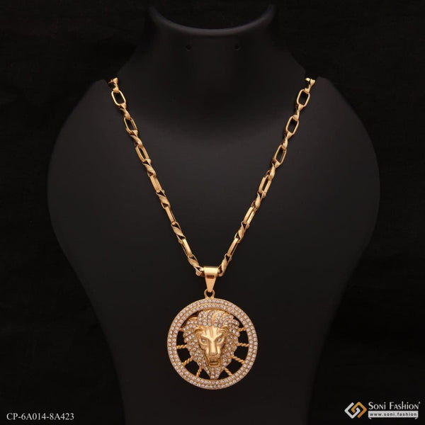 Lion with Diamond Delicate Design Gold Plated Chain Pendant Combo for Men (CP-A014-A423)