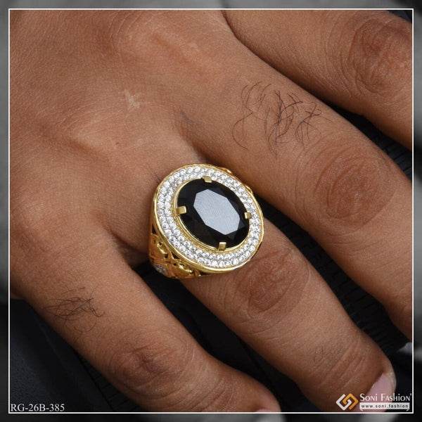 1 Gram Gold Plated Black Stone with Diamond Best Quality Ring for Men - Style B385