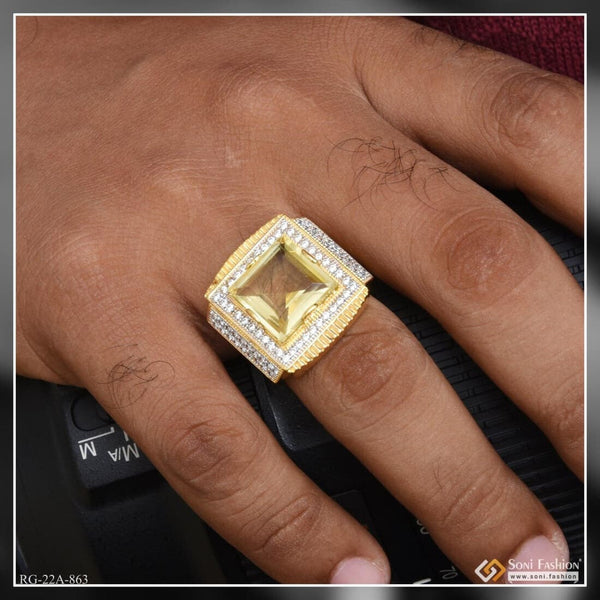 1 Gram Gold Plated Yellow Stone With Diamond Best Quality Ring For Men - Style A863