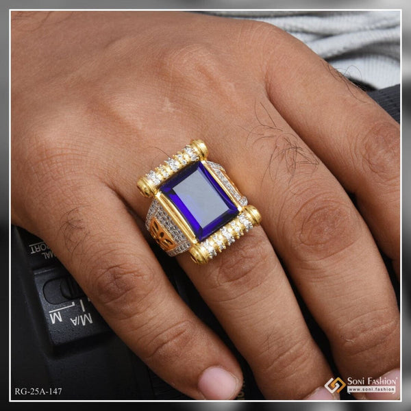 1 Gram Gold Plated Blue Stone with Diamond Gold Plated Ring for Men - Style A147