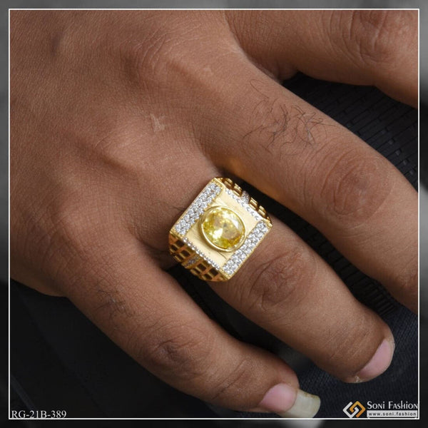 1 Gram Gold Plated Yellow Stone With Diamond Hand-crafted Ring For Men - Style B389