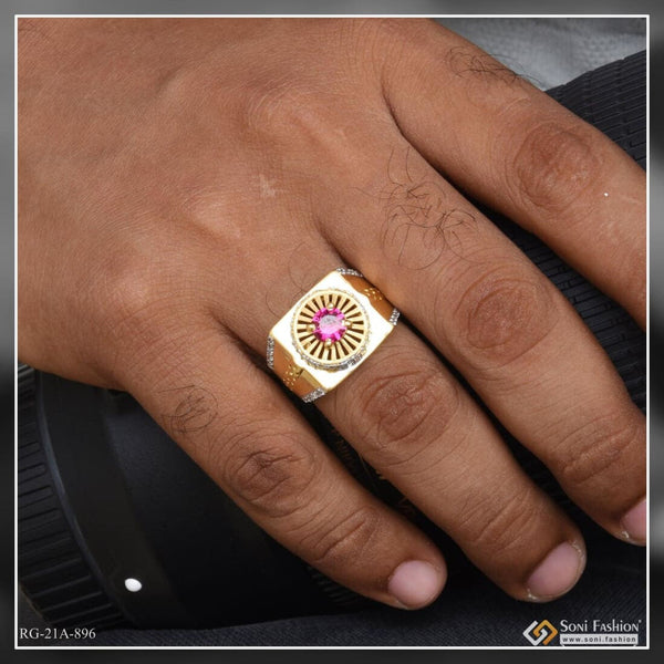 1 Gram Gold Plated Pink Stone With Diamond Best Quality Ring For Men - Style A896