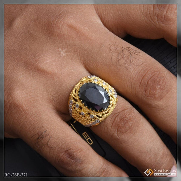 1 Gram Gold Plated Black Stone With Diamond Hand-crafted Ring For Men - Style B371