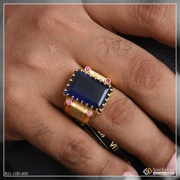 Blue Stone with Diamond Glittering Design Gold Plated Ring for Men - Style B400