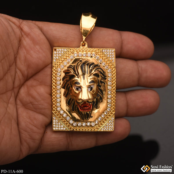 Ambos Lion In Attractive Rectangle Diamond Background Gold Plated Pendant - Style A600