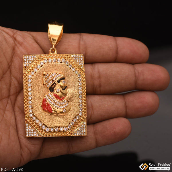 Chatrapati Shivaji Maharaj In Rectangle Diamond Background Gold Plated Pendant - Style A598