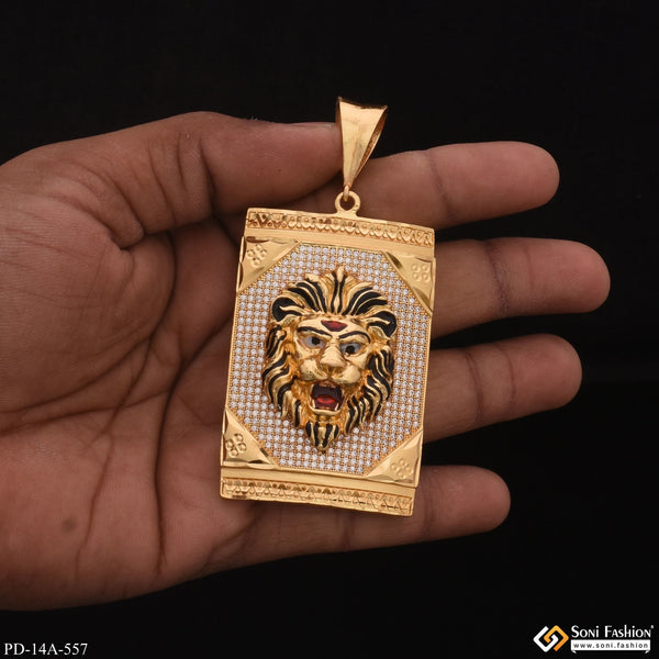 Very Big Ambos Lion In Black Hair In Diamond Gold Plated Attractive Pendant - Style A557