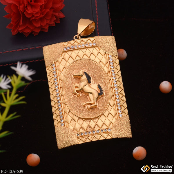 Very Big Horse In Tringle Pattern Diamond Gold Plated Pendant - Style A539