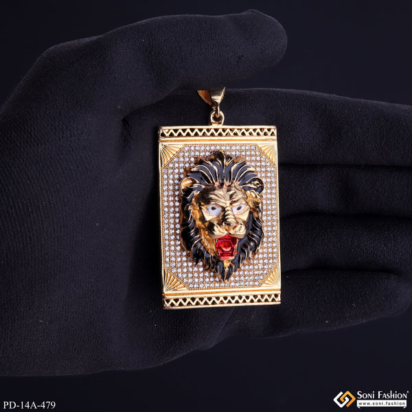 Lion Black Hair And Red Mouth Gold Plated Pendant With Square Diamond Background - Style A479