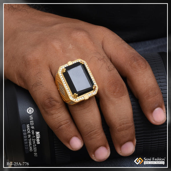 1 Gram Gold Plated Black Stone with Diamond Best Quality Ring for Men - Style A776